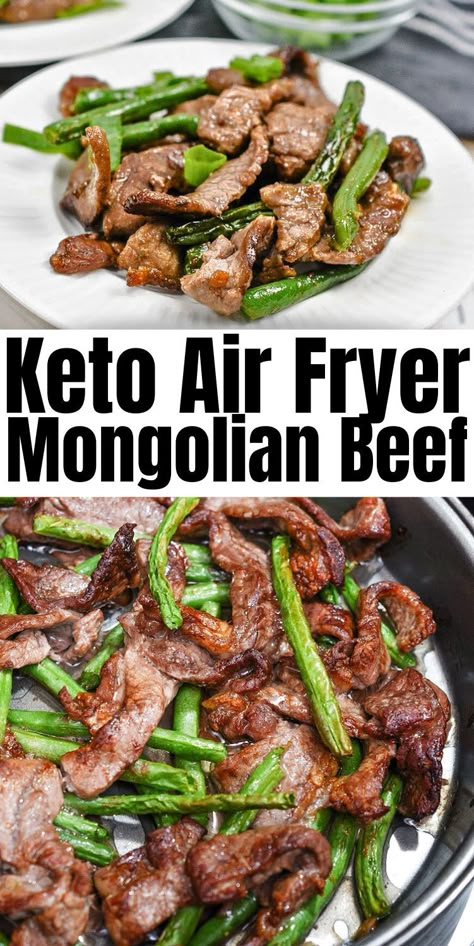 Keto Air Fryer Mongolian Beef - Get juicy, tender beef out of your air fryer! Keto air fryer Mongolian beef is bursting with umami flavors, and ready in 20 minutes. Healthy Meal Ideas Air Fryer, Keto Ginger Beef, Easy Keto Asian Recipes, Air Fryer Mongolian Beef, Keto Recipes Meat, Asian Keto Meals, Keto Recipes For Air Fryer, No Carb Air Fryer Recipes, Keto Beef Stir Fry Recipes