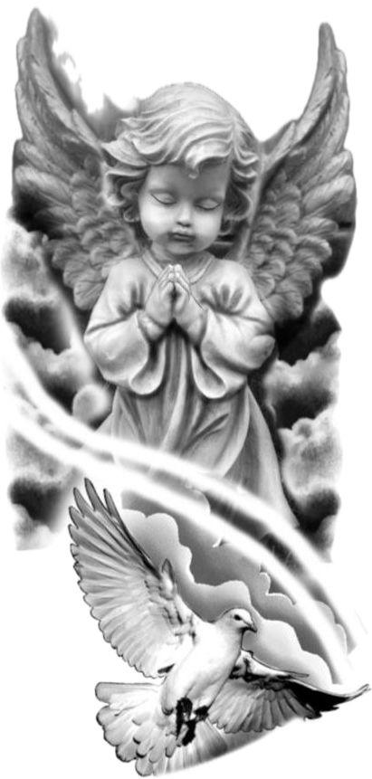 Cherub Tattoo Designs, Dark Angel Tattoo, Angel Sleeve Tattoo, Guardian Angel Tattoo Designs, Portrait Tattoo Sleeve, Rose Tattoo Stencil, Arm Tattoos Drawing, Aztec Artwork, Guardian Angel Tattoo