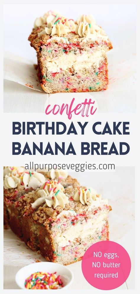 Who says you have to wait till your birthday to have cake? Celebrate everyday with our Confetti Birthday Cake Banana Bread. This delightful, whimsical twist on a classic banana bread is sure to put a smile on your face. It combines comforting banana flavors with the fun of rainbow confetti sprinkles, and the surprise cream cheese filling adds a layer of creaminess that takes it to the next level. #bananabread #quickbread #birthdaycake #breakfastideas Birthday Cake Banana, Bread With Cream Cheese Filling, Banana Bread With Cream Cheese, Confetti Birthday Cake, Cake Banana Bread, Vegan Bakes, Bread With Cream Cheese, Classic Banana Bread, Cake Banana