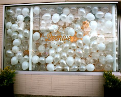 our coming soon balloon window install! www.thebeehivefairfield.com Clothing Boutique Decor, Window Display Design, Balloon Shop, Boutique Decor, Store Windows, Merchandising Displays, Window Installation, Display Design, Window Display