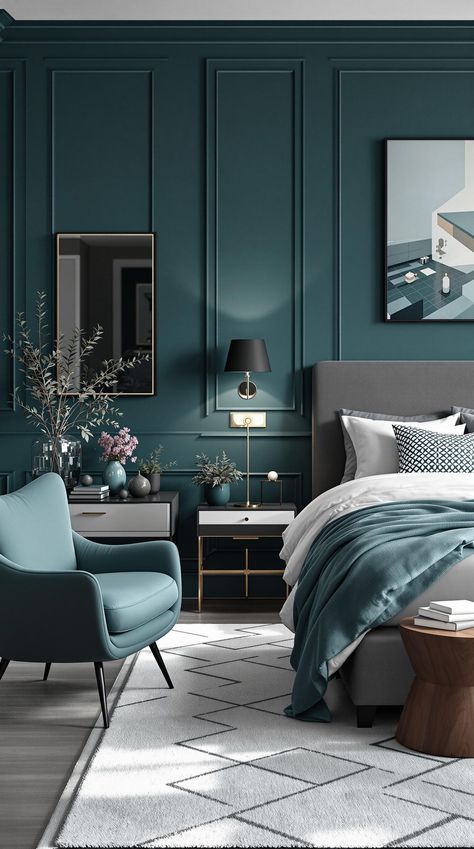 Dark Teal Bedroom Teal Color Palette Bedroom, Teal Gray Bedroom, Dark Teal Walls, Teal Bedrooms, Teal And White Bedroom, Dark Teal Bedroom Ideas, Teal And Gray Bedroom, Dark Teal Bedroom, Peacock Blue Bedroom