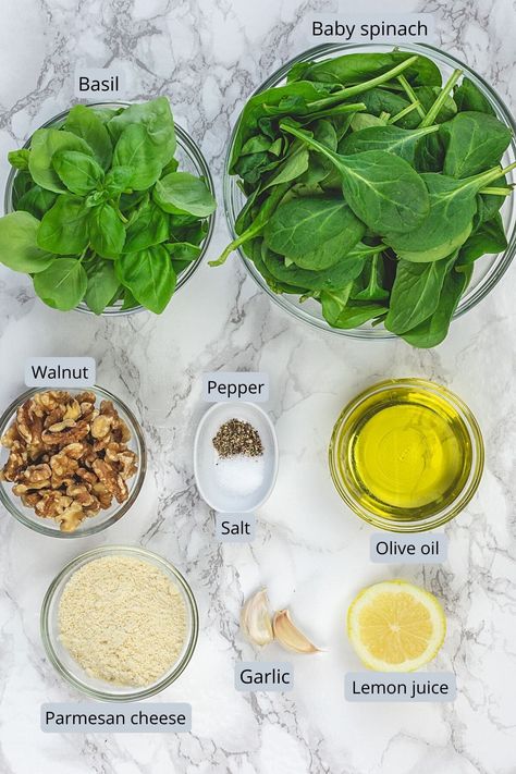 Spinach Pesto Recipe (With Basil) - Spice Up The Curry Spinach Basil Pesto Recipe, Spinach Basil Pesto Pasta, Spinach Pesto Recipe, Upper Workout, Pesto Tortellini Salad, Recipe With Basil, Spinach Basil Pesto, Basil Pesto Recipe, Basil Pesto Pasta