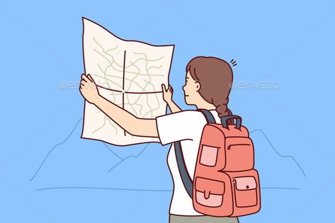 Woman Tourist Looks at Map Choosing Route for Trip Tourist Drawing, Road Trip Sketch, Road Trip Map Illustration, Tourist Illustration, Road Trip Illustration, Road Trip Map For Kids, Human Sketch, Mountain Girl, Travel Route