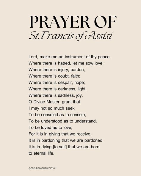 Spiritual inspiration for inner peace 🤍🕊️ #feelpeacemeditation : : : #meditation #prayer #stfrancisofassisi #stfrancis Catholic Prayers Daily, Die To Self, Prayer For Peace, Meditation Prayer, High Priest, Francis Of Assisi, Catholic Prayers, St Francis, Spiritual Inspiration