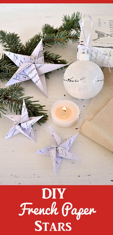 Make these charming DIY French Paper Star Ornaments to add to your Christmas tree or decor! Free Printables and tutorial are included! By Diana Dreamsfactory. #GraphicsFairy Paper Diy Ornaments, French Christmas Ornaments Diy, French Christmas Ornaments, Paper Star Ornaments Diy, French Christmas Decorations, French Ornaments, Paper Star Ornaments, Crafty Christmas Gifts, French Christmas Decor