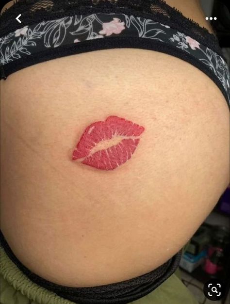 Kiss On Buttcheek Tattoo, Kiss Tattoo Women, Kiss Lips Tattoo On Hip, Tattoo Of Lips On Women, Kiss Tattoo On Hip, Lip Tattoo On Buttcheek, Tattoos Of Lips, Tattoo Kiss Lips, Red Kiss Tattoo