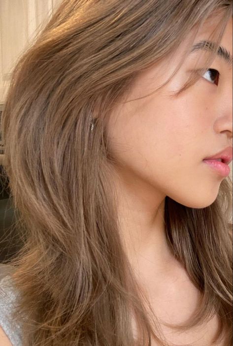 Cute Hair Colors Asian, Hojicha Hair Color, Strawberry Blonde On Asian Hair, Chestnut Brown Hair Korean, Light Brown Hair Filipino, Cool Tone Beige Hair, Hair Dye For Asians, Light Caramel Brown Hair Color, Caramel Brown Hair Asian