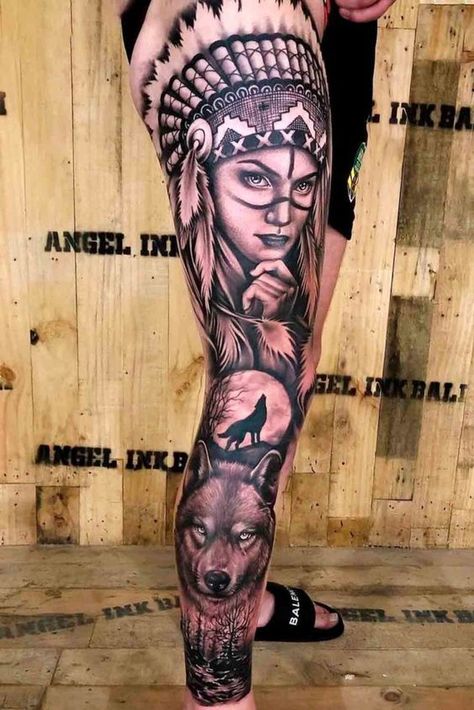 Tattoos For Women Leg, Calves Tattoo, Native Indian Tattoos, Thigh Piece Tattoos, Native American Tattoo Designs, Indian Tattoo Design, Leg Sleeve Tattoos, Lion Tattoo Sleeves, American Indian Tattoos