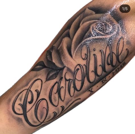 Joseph Name Tattoo Design, Name Design Tattoos For Women, Roses With Names Tattoos, Name With Rose Tattoo, Last Name Tattoo For Women, Flower With Name Tattoo, Flower Tattoo With Name, Joseph Name, Last Name Tattoos