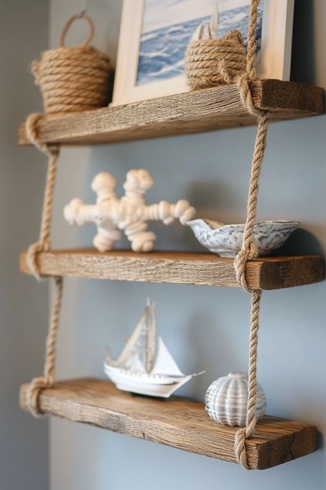 "Get creative with DIY Rope Shelving for a coastal-inspired look! 🛠️⚓ Ideal for beach house decor. #DIYStorage #NauticalInspo #RopeDecor" Nautical Rope Decor, Nautical Shelf, Hanging Rope Shelves, Nautical Diy, Rope Decor, Wall Shelf Decor, Rope Shelves, Christian Wall Decor, Small Space Solutions