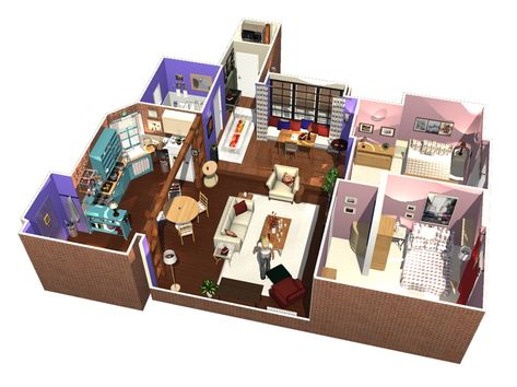 Friends TV Show Apartment in 3D | HomeByMe Sims 4 Friends Tv Show, Friends Monica’s Apartment, The Friends Apartment, Sims Friends Apartment, Friends Themed Apartment, Monica And Rachel Apartment, Sims 4 Friends Apartment, Friends Door Wallpaper, Friends Room Decor Tv Show