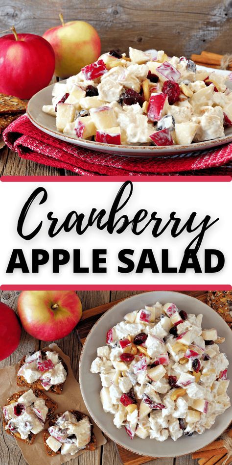 This cranberry apple salad has it all. The crunch of the apples and walnuts, the pops of tartness from the cranberries and the sweetness from the grapes. And, the cinnamon gives the salad a warm and comforting taste. Plus it only takes minutes. Cranberry Apple Salad, Cranberry Desserts, Apple Cranberry Salad, Cranberry Salad Recipes, Jello Salads, Apple Salad Recipes, Fall Fun Food, Delicious Slow Cooker Recipes, Cranberry Fruit