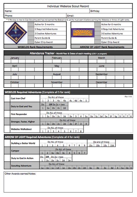 Need a way to track WEBELOS AND ARROW OF LIGHT requirements for the NEW Cub Scout Program? This is a great free PRINTABLE Tracking sheet for Organizing. This site has other tracking sheets and a lot of great Cub Scout Ideas compliments of Akelas Council Cub Scout Leader Training. Utah National Parks Council has planned this exciting 4 1/2 day Cub Scout Leader Training that covers lots of Cub Scout Info and Webelos Outdoor Experience, and much more. For more info go to AkelasCouncil.com Arrow Of Light, Cub Scouts Wolf, Cub Scouts Bear, Tiger Scouts, Scout Games, Attendance Tracker, Cub Scout Activities, Camping Crafts For Kids, Arrow Of Lights