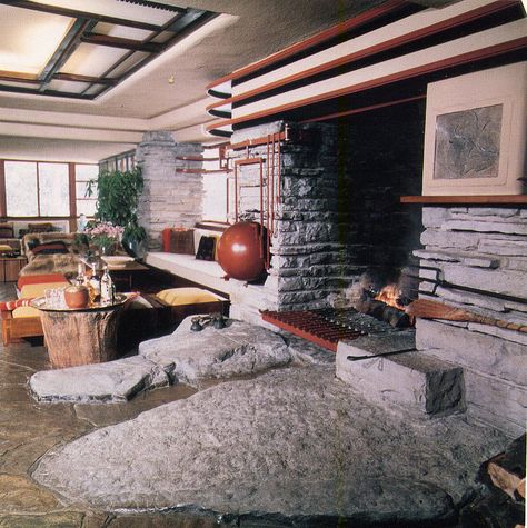 Falling Water Falling Water House Interior, Fallingwater Interior, Fallingwater Frank Lloyd Wright, Fallingwater House, Falling Water Frank Lloyd Wright, Interior Fireplace, Usonian House, Falling Water House, Walker House