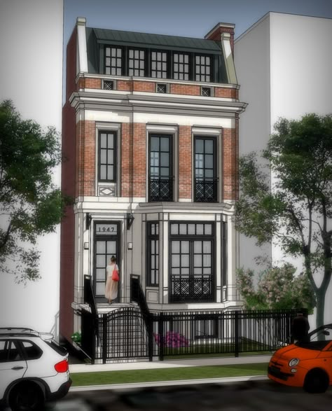 Industrial Townhouse Exterior, Townhouse Bloxburg, French Townhouse Exterior, Townhome Bloxburg, 3 Storey House Exterior, Sims 4 Brownstone, Townhouse Exterior Design, Row House Exterior, Town House Exterior