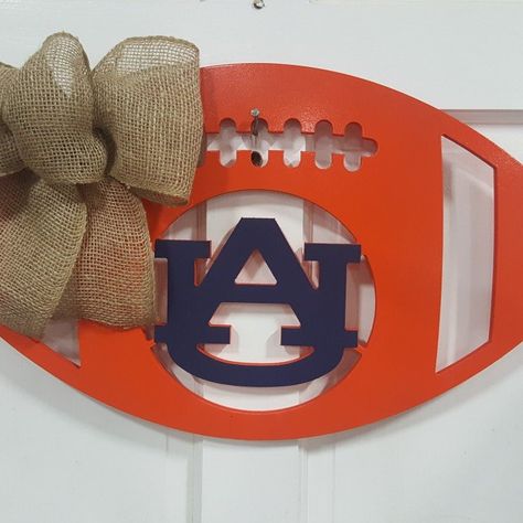 Newly designed Auburn football door hanger! Cute Door Decorations, Door Decorations College, Wooden Football, Brown Front Doors, Football Door Hangers, Diy Spray Paint, Auburn Football, College Colors, Paint Design