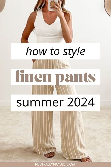 Stay cool and stylish this summer with fabulous linen pants outfits! From casual to chic, discover endless outfit ideas to rock your linen pants in style. Wide Leg Linen Pants Outfit, Striped Linen Pants Outfit, How To Wear Linen Pants, Linen Pants Outfit Ideas, How To Style Linen Pants, Linen Pants Outfits, Linen Pants Outfit Summer, Style Linen Pants, White Linen Pants Outfit