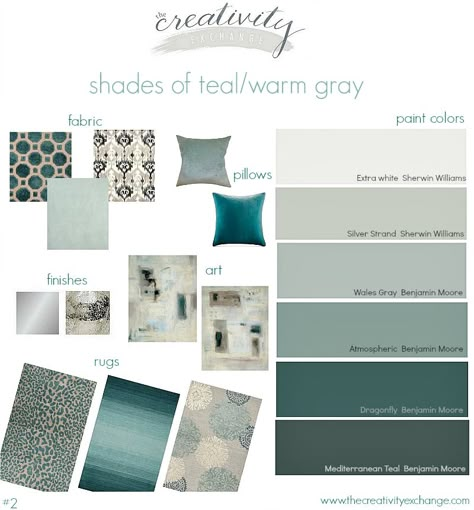 Shades of teal paint colors layered with warm gray.  Great paint colors to use for this color scheme. The Creativity Exchange Teal Paint Colors, Teal Living Rooms, Teal And Gray, Teal Bedroom, Teal Paint, Trendy Living Rooms, Room Paint Colors, Room Color Schemes, Shades Of Teal