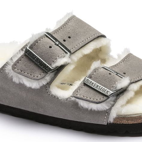 Arizona Shearling Suede Leather Stone Coin | BIRKENSTOCK Birkenstock Stone, Grey Birkenstocks, Birkenstock Shearling, Arizona Birkenstock, Birkenstock Style, Birkenstock Women, Birkenstock Sandals, Buckle Shoes, Birkenstock Arizona