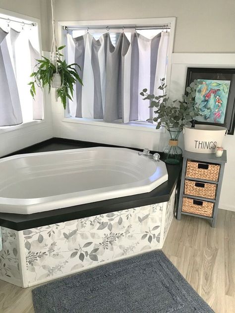 Fiberglass Bathtub Makeover, Mobile Home Tub Makeover, Diy Garden Tub Makeover, Garden Bathtub Ideas, How To Paint A Bathtub, Mobile Home Garden Tub Makeover, Garden Tub Makeover, Garden Tub Remodel, Garden Tub Decor Master Bath