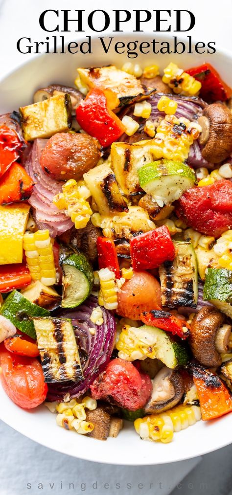 Chopped Grilled Vegetables are one of our favorite ways to enjoy summer produce! These grilled vegetables are healthy and delicious and a great base for many different meals. #grilledvegetables #summervegetables #grilledcorn #vegetables #grilledvegetablesalad #vegetablesalad #grilled #grilling Grilled Veggie Packets, Best Veggies On The Grill, Veggies Grilled, Grilled Summer Vegetable Salad, Marinate Vegetables For Grilling, Black Stone Grill Vegetables, Blackstone Grilled Vegetables, Barbeque Vegetables, Best Grilled Veggies