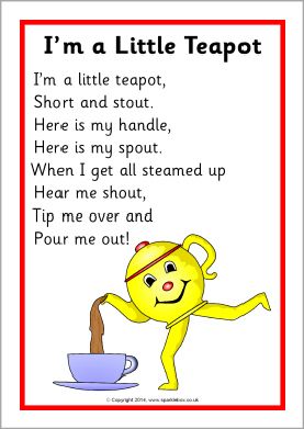 I’m a Little Teapot song sheet (SB10801) - SparkleBox                                                                                                                                                     More Rhyming Preschool, Preschool Poems, Nursery Rhymes Poems, Rhymes Lyrics, Nursery Rhymes Lyrics, Nursery Rhymes Preschool, Nursery Rhymes Activities, Circle Time Songs, Kindergarten Songs