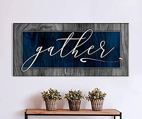 Sense of Art | Gather V2 | Pantry Sign | Pictures For Living Room | Dining Room Wall decor | Farmhouse Decor | Kitchen Decor | Gather Signs For Home Decor (Dark Blue, 42x19) Blue And Brown Kitchen Decor, Navy Blue Kitchen Decor, Lake House Kitchen Decor, Dining Room Wall Decor Farmhouse, Gather Signs, Blue And White Dining Room, Dining Room Navy, Home Decor Dark, Navy Living Rooms