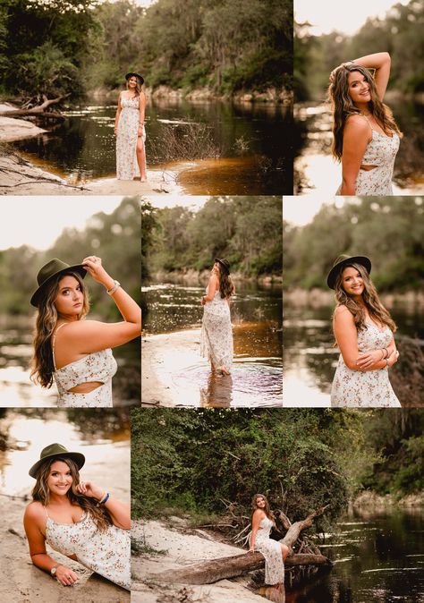 By The Water Photoshoot, Summer Creek Photoshoot, River Photoshoot Senior Pics, Senior Photos Waterfall, River Portrait Photography, Creek Photoshoot Ideas, End Of Summer Photoshoot, Waterfall Photoshoot Ideas For Women, Lake Graduation Photos