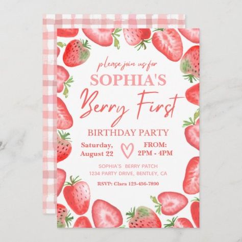 My Berry First Birthday, Berry First Birthday Invitation, Retro Strawberry, Watercolor Strawberry, Strawberry Shortcake Birthday, Strawberry Theme, Berry First Birthday, Birthday Picnic, Strawberry Birthday