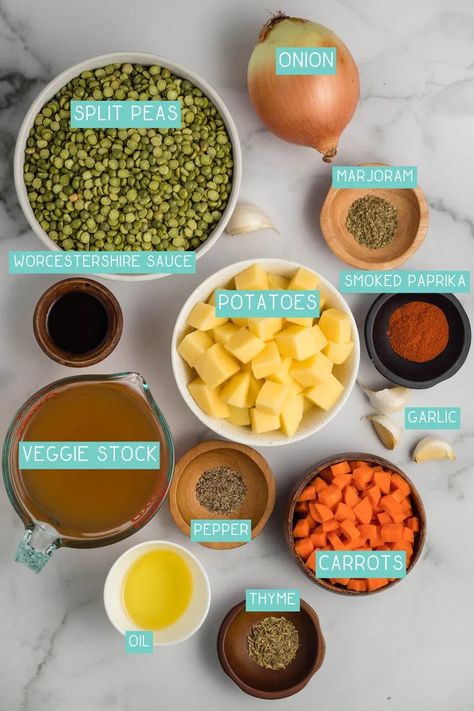 Vegan Split Pea Soup Stove Top, Pea Soup Crockpot, Green Split Pea Soup, Vegan Split Pea, Split Pea Soup Crockpot, Vegan Split Pea Soup, Split Pea Soup Recipe, Comforting Dinner, Vegan Worcestershire Sauce