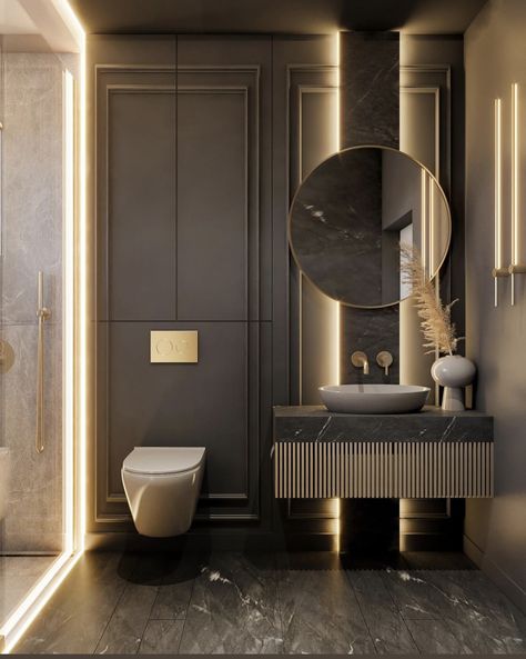 Luxury Downstairs Toilet, Powder Toilet Design Luxury, Powder Room Luxury, Bathroom Ideas Small Spaces, Small Elegant Bathroom, Luxury Washroom Design, Luxury Toilet Design, Luxury Washroom, Beautiful Small Bathroom Designs