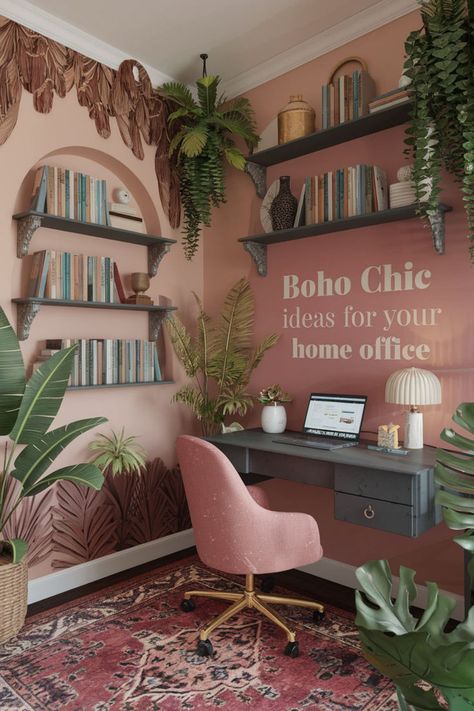 A bohemian home office thrives with vintage and eclectic furniture pieces. 🌿🪑 Opt for a mix of an antique wooden desk, rattan chair, and a cozy velvet armchair. 🛋️✨ Pair with layered rugs in a bohemian color palette to add warmth. 🎨🧡 Include open shelves for boho chic decor and personal treasures. 🧺🌿 This blend of old and new brings unique character to your space. #bohemianhomeoffice #vintageofficeinspiration #bohemianflair #bohointerior #bohochicdecor #bohostylehouse #bohemianstyle Pink And Green Home Office, Colorful Home Office Ideas, Cozy Boho Office, Home Office Boho Chic, Computer Room Ideas, Boho Office Ideas, Maximalist Office, Antique Wooden Desk, Cosy Office