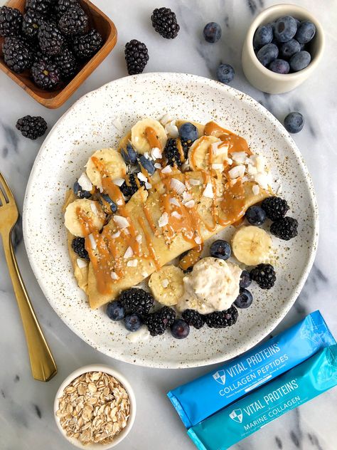 Easy Collagen Breakfast Crepes made with gluten-free and dairy-free ingredients for a simple and healthy breakfast crepe! Crepes Ideas, Crepes Recipe Breakfast, Healthy Crepes, Recipes Dairy Free, Crepe Ingredients, Breakfast Crepes, Crepe Recipes, Grass Fed Butter, Protein Breakfast