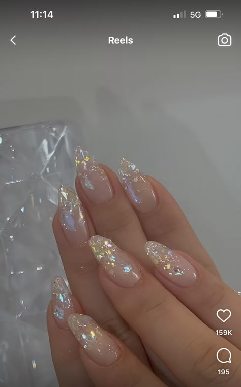 Glitter And Clear Nails, Sparkly Nails Design, Clear Nails With Glitter Tips, Clear Almond Nails Designs, Anniversary Nails, Clear Glitter Nails, Glitter Tip Nails, Clear Acrylic Nails, Fake Nails Designs