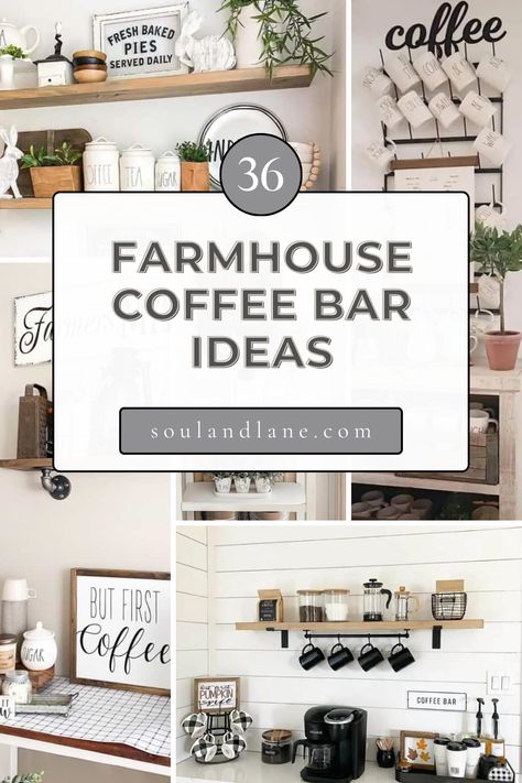 Create a mood-boosting coffee station with farmhouse coffee bar ideas that blend rustic charm with daily functionality. Use a vintage or reclaimed wood table as the base for your coffee bar, adding character and warmth. Install floating shelves above for mugs and jars filled with coffee beans, showcasing your collection. Add a chalkboard sign for a playful touch, perfect for writing daily quotes or the coffee menu. Incorporate galvanized steel or mason jar containers for sugar and creamers, and Rustic Coffee Bar Ideas Farmhouse Style, Coffee Bar Shelves Ideas, Coffee Bar Shelving, Shelves Above Coffee Bar, Buffet Coffee Bar Ideas, Bar Shelves Ideas, Farmhouse Coffee Bar Ideas, Bar Wall Ideas, Bar Shelf Ideas