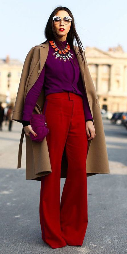 Royal purple blouses | HOWTOWEAR Fashion Comfy Classroom, Red Trousers Outfit, Outfit Pantalon Rojo, Outfits Beige, Red Pants Outfit, Autumn Palette, Red Trousers, Color Combos Outfit, Wardrobe Refresh