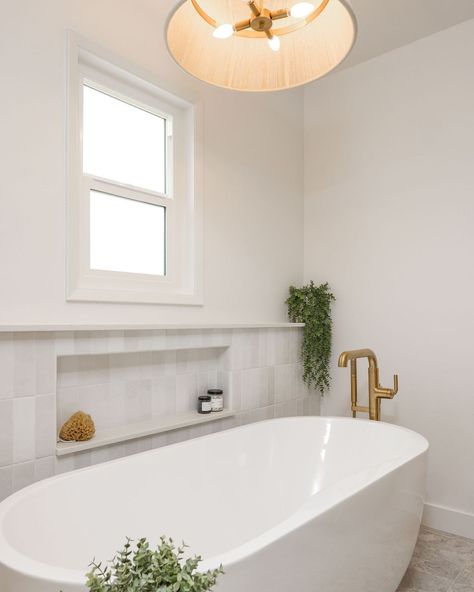 Because this bathtub deserves an apprecesion post of its own✨😍 #CRAFT #californiacasual #coastalinteriordesign #bathroominspo #primarybathroom #remodel Bathtub Nook Alcove, Wall Behind Tub Master Bath, Storage For Free Standing Tub, Tub Wall Ideas, Freestanding Bathtub Wall, Accent Wall Behind Tub, Raised Bathtub, Tile Behind Freestanding Tub, Bathtub Ledge