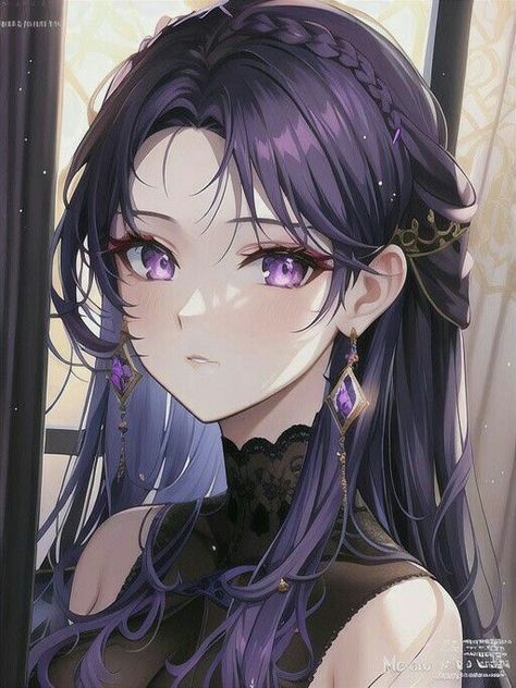 Purple Haired Anime Female Pfp, Dark Purple Hair Anime Female, Anime Female With Purple Hair, Anime Oc Purple Hair, Anime Oc Female Black Hair Purple Eyes, Purple Hair Green Eyes Anime, Anime With Purple Hair, Purple Hair Character Art, Anime Black Hair Purple Eyes