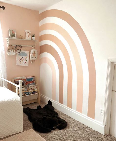 Neutral Rainbow Playroom, Boho Nursery Mural, Neutral Rainbow Bedroom, Diy Boho Rainbow Wall Mural, Toddler Room Ideas Girl Boho, Pastel Rainbow Accent Wall, Accent Shape On Wall, Green Color Block Wall, Rustic Rainbow Nursery