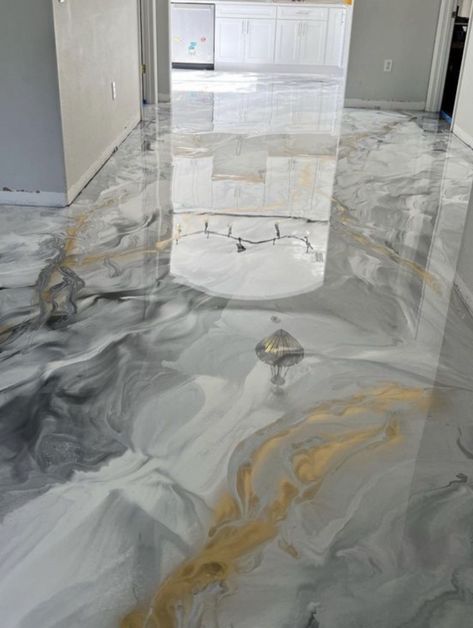 Marble Epoxy Floor, Epoxy Marble, Grey Walls White Trim, Epoxy Floor Designs, Epoxy Resin Flooring, Resin Flooring, Resin Floor, Modern House Exterior Paint, Metallic Epoxy Floor