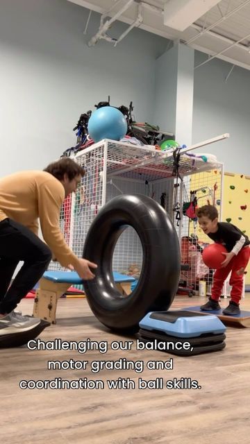 More Than A Gym on Instagram: "Challenging our balance, motor grading and coordination with ball skills. Verbal cues for “over” or “inside” provided! #morethanagym #pediatricpt #pediatricphysicaltherapy #pedipt #physicaltherapy #balance #coordination #ballskills #grossmotor #grossmotorskills #grossmotorplay #longisland" Balance Activities, Adapted Physical Education, Child Development Activities, Coordination Activities, Bilateral Coordination, Therapy Ball, Sensory Therapy, Pediatric Physical Therapy, Recreation Therapy