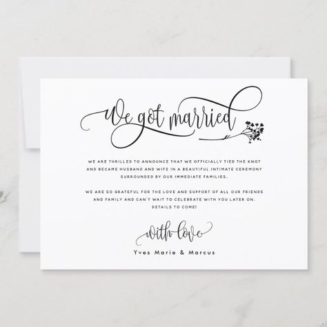 Modern We Got Married Wedding / Elope Announcement | Zazzle.com Elope Announcement, Marriage Announcement Cards, Post Wedding Announcements, Wedding Announcements Wording, Card Marriage, Wedding Announcement Cards, Marriage Announcement, Elopement Announcement, We Got Married