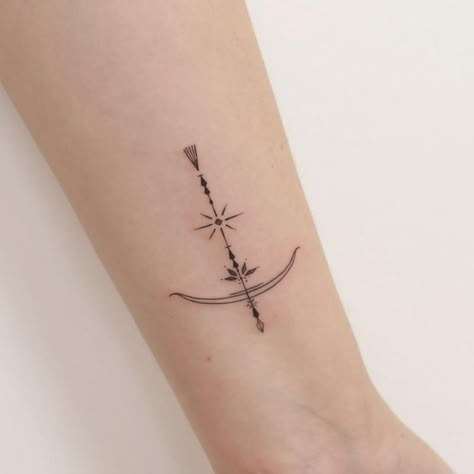 Wrist Sagittarius Tattoo 1 Creative Sagittarius Tattoos, Sagittarius Matching Tattoo, Delicate Sagittarius Tattoo, The Archer Sagittarius Tattoo, Sag Tattoo Sagittarius Zodiac Signs, Sagittarius Arm Tattoo, Saggitarius Tattoo For Women, Woman Sagittarius Tattoo, Bringer Of Light Tattoo