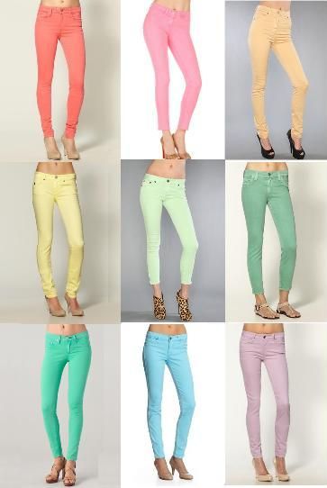 There's one in every shade! Colourful Jeans, Pastel Jeans, Pastel Pants, Jean Color, Jackets Jeans, The Embrace, Colored Pants, Colored Denim, Shop Dresses