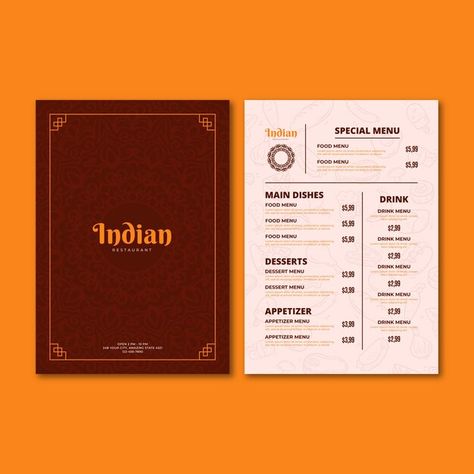 Delicious indian food menu template | Premium Vector #Freepik #vector #culinary #indian-restaurant #tasty-food #food-menu South Indian Food Menu Design, Indian Food Menu Design, Indian Restaurant Menu Design, Arabic Food Menu, Indian Menu Design, Resturant Menu, Indian Food Menu, Grafics Design, Indian Food Restaurant