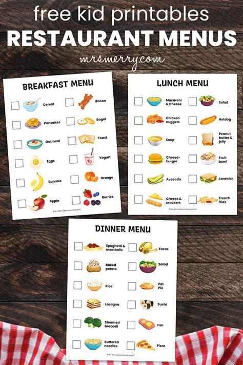 Pretend Play Restaurant Menus | Breakfast, Lunch & Dinner Free Printables - Mrs. Merry Preschool Restaurant, Restaurant Dramatic Play, Play Restaurant, Play Menu, Free Printable Menu, Pretend Play Printables, Kids Restaurants, Dramatic Play Printables, Play Printables