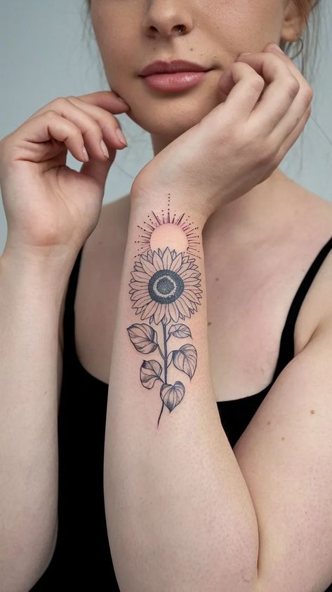 11 Sun Tattoo Ideas to Inspire You - Think Creative Unique Sunflower Tattoo, Sunflower And Sun, Tattoo Ideas Sunflower, A Sun Tattoo, Sun Tattoo Ideas, Sun Tattoo Designs, God Tattoos, Sun Tattoos, Meaningful Tattoo