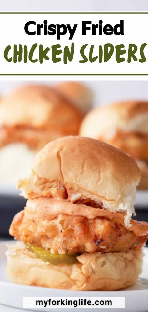 Chicken sliders are a great party appetizer or perfect for little hands during weeknight dinners. Soft rolls are topped with a flavorful, creamy sauce along with a pickle and a piece of fried chicken. They're super tasty and crisp! Fried Chicken Sliders, Fried Chicken Sandwiches, Chicken Pickle, Soft Rolls, Chicken Finger Recipes, Sliders Recipes Chicken, Slider Sandwiches, Making Fried Chicken, Chicken Sliders