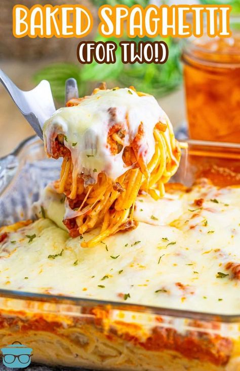 Baked Spaghetti for Two features tender pasta, ground beef, marinara and Alfredo sauce with some melty mozzarella all baked together! Baked Soaghetti, Spaghetti For Two, Baked Spaghetti Easy, Presto Pasta, Casserole For Two, Pasta Ground Beef, Paper Creativity, Cottagecore Recipes, Beef Casseroles