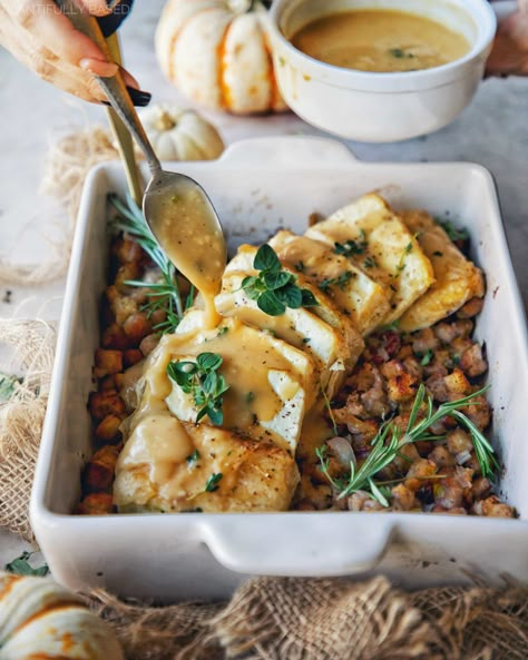 Baked Tofu with Pecan Leek Stuffing and Vegan Gravy - Plantifully Based Leek Stuffing, Plant Based Thanksgiving, Thanksgiving Crochet Patterns, Perfect Thanksgiving Dinner, Edgy Veg, New Year's Eve Dinner, Thanksgiving Vegan, Vegan Gravy, Vegetarian Thanksgiving